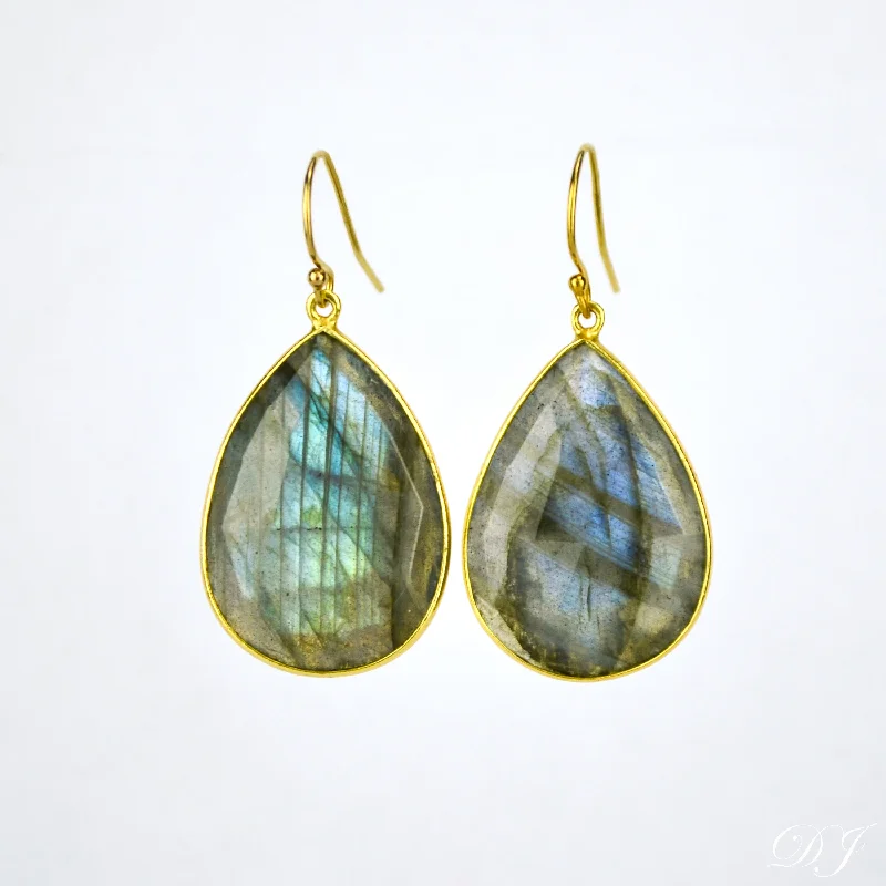 Women’s sapphire stud earrings-Faceted Labradorite Teardrop Bezel Set Earrings