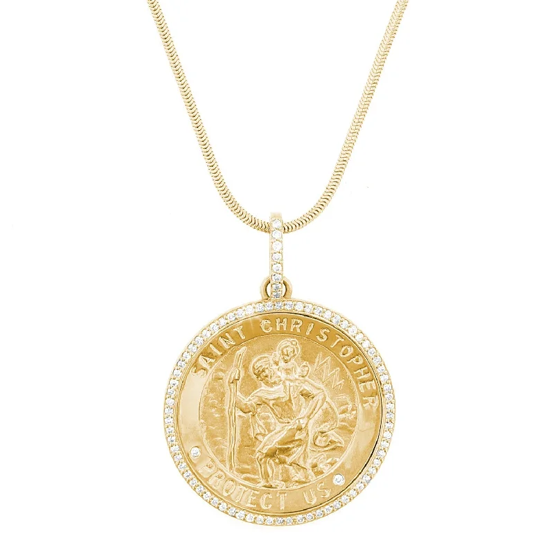 Women’s heirloom engagement ring-14K St. Christopher Protect Us Medallion with Diamond Halo on Snake Chain - 30"  NG002717