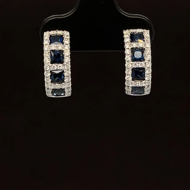 Women’s sparkling earrings-Blue Sapphire & Diamond Checkerboard Half-Hoop Earrings in 18k White Gold - #582 -ERSAP093506