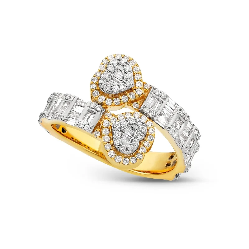 Women’s colored diamond engagement ring-10K Gold 4.2ct Double Heart Baguette Diamond Wrap Ring