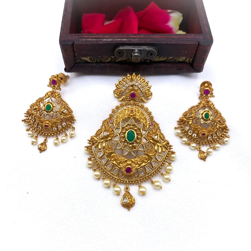 Women’s rectangular necklace-Traditional Ethnic Antique Matte Gold Pendant set with uncut diamond finish CZ stones