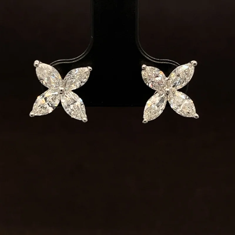 Women’s boho earrings-Diamond Marquise Floral Stud Earrings in 18k White Gold - #506 - ERDIA355820