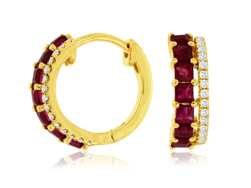 Women’s fashion drop earrings-14K Yellow Gold Ruby & Diamond Hoops