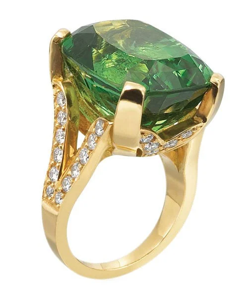 Women’s emerald-cut diamond engagement ring-Green Tourmaline Cushion Ring with Diamonds 306-JSA