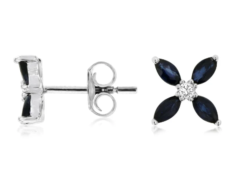 Women’s unique hoop earrings-14K White Gold Sapphire Flower & Diamond Stud Earrings