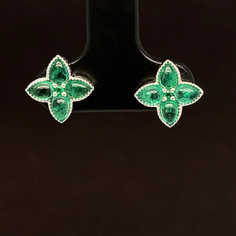 Women’s double hoop earrings-Emerald & Diamond 1.18ctw Cabochon Flower Earrings in 18K White Gold - #391- EREME027826