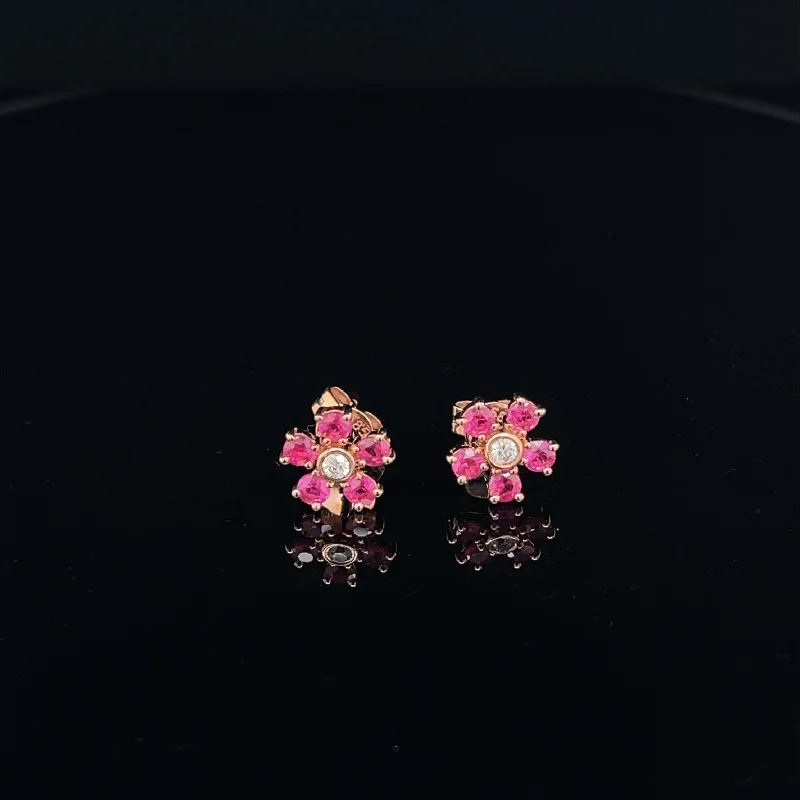 Women’s round earrings-Diamond & Ruby Flower Bouquet Stud Earrings in 14k Rose Gold - #174 KVE00105RU - 004