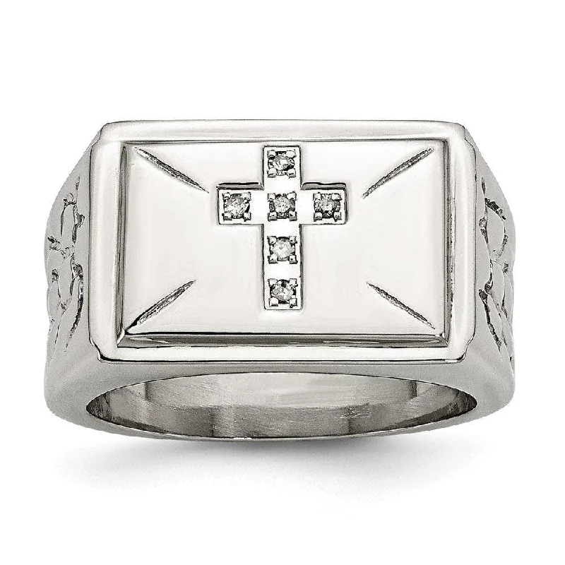 Women’s engraved engagement ring-Stainless Steel Diamond Cross w/Textured Sides Ring