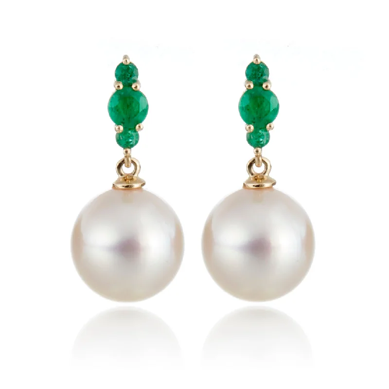 Women’s ruby earrings-Orion Earrings in White Akoya Pearls & Emeralds