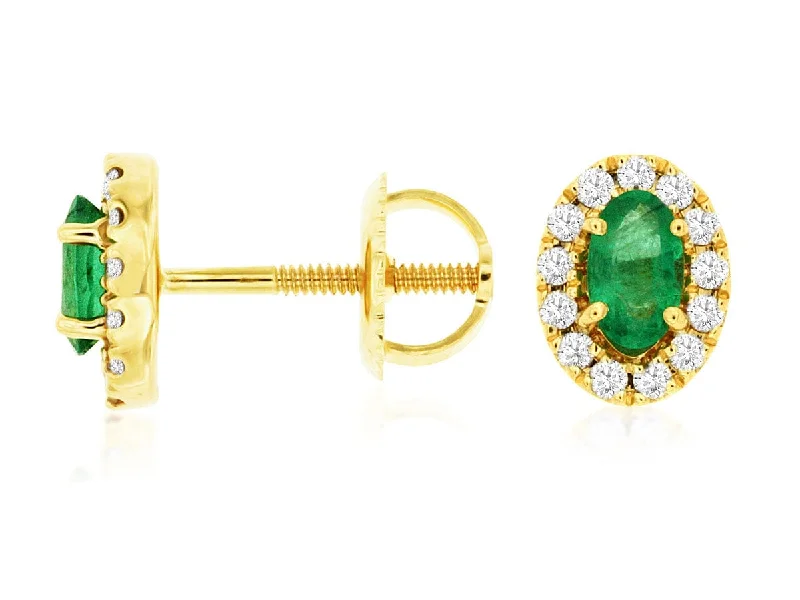 Women’s red gemstone earrings-14K Yellow Gold Oval Emerald & Diamond Stud Earrings