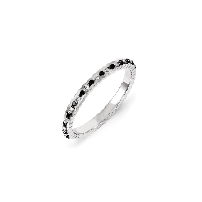 Women’s halo engagement ring-Sterling Silver Rhodium Plated Black & White Diamond Stackable Ring | QSK1076