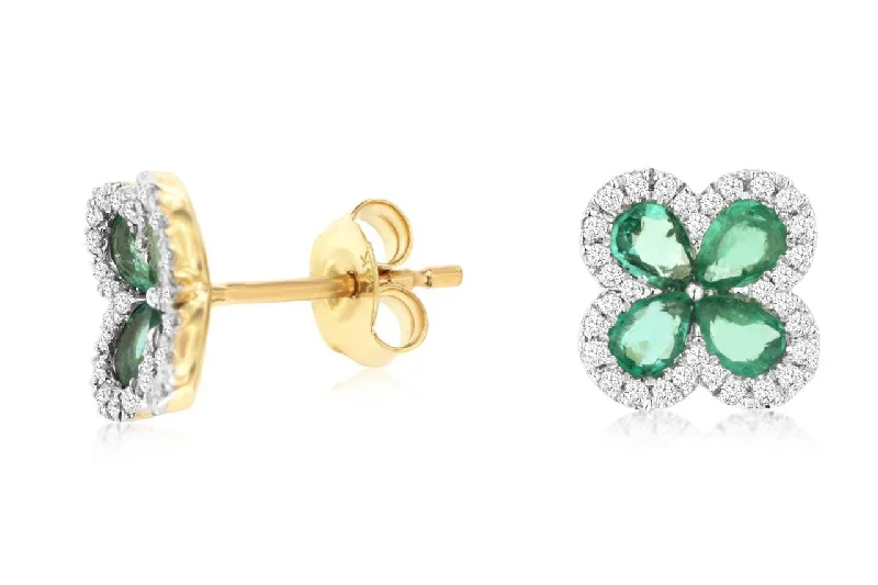 Women’s luxury earrings set-14K Yellow Gold Emerald & Diamond Floral Stud Earrings