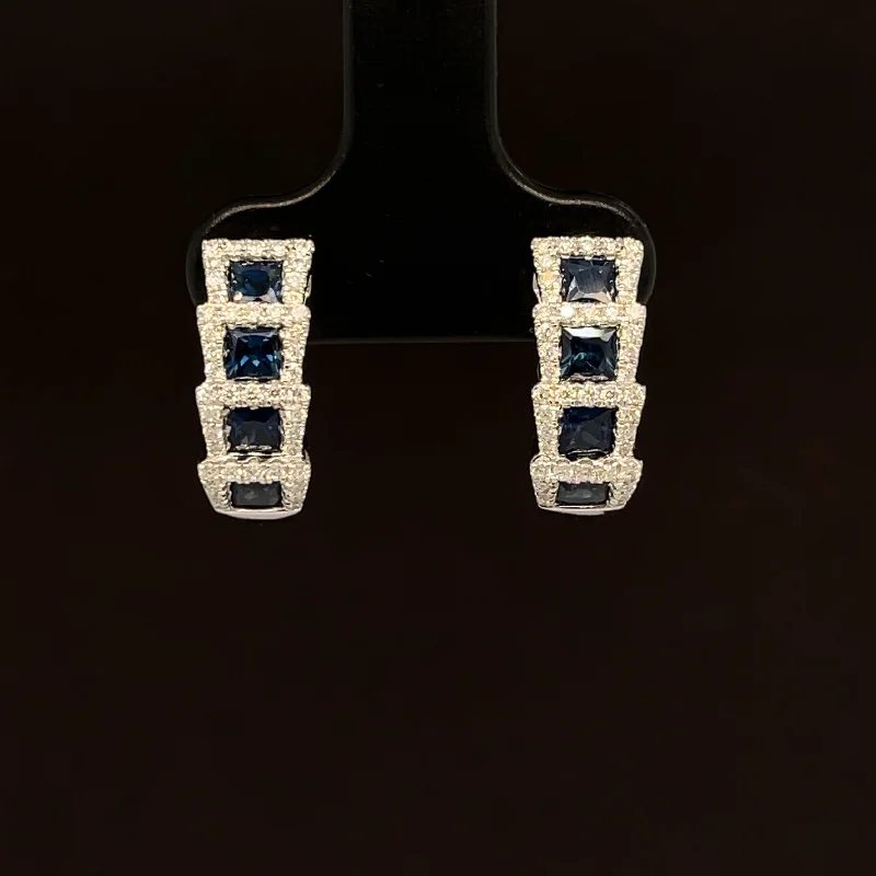 Women’s butterfly stud earrings-Blue Sapphire & Diamond 1.78ctw Stacked Half Hoop Earrings in 18k White Gold - #389 - ERSAP093518