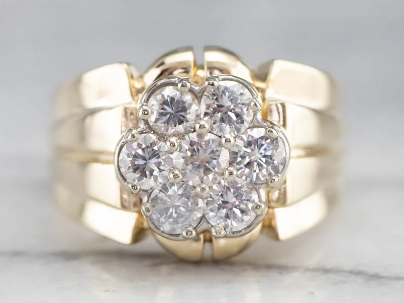 Women’s engraved engagement ring-Diamond Cluster Two Tone Gold Statement Band