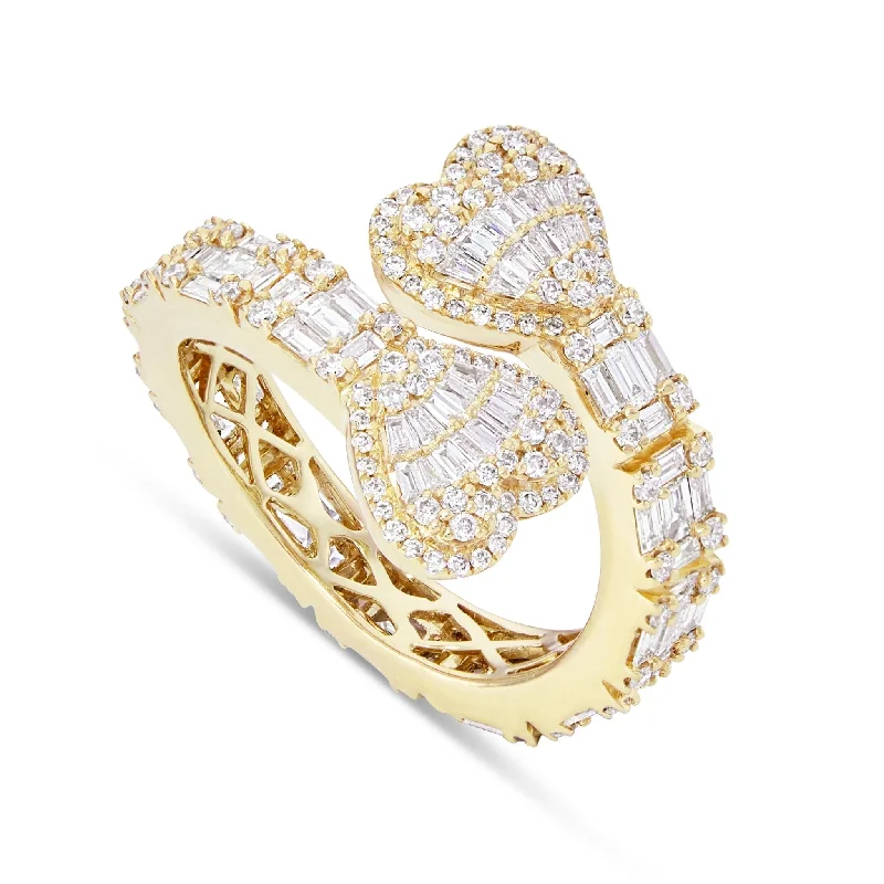 Women’s unique engagement ring-14K Gold 1.75ct Baguette Diamond Double Heart Wrap Ring