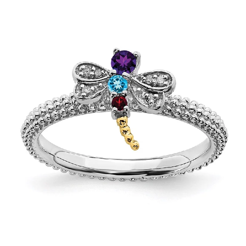 Women’s anniversary engagement ring-Sterling Silver&14k Stackable Expressions Gemstone & Diamond Dragonfly Ring | QSK912