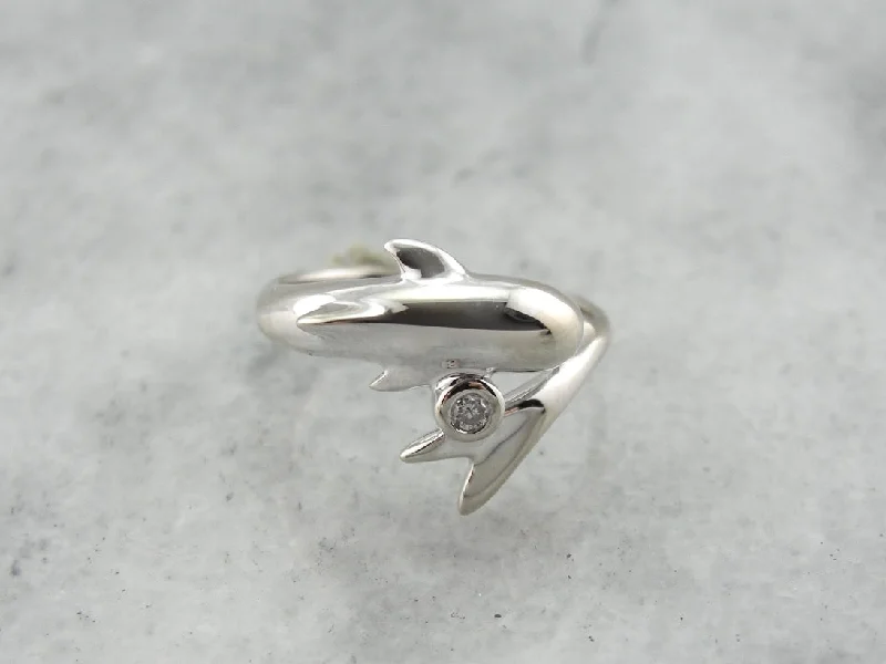 Women’s princess-cut diamond engagement ring-Adorable White Gold Dolphin Ring with Diamond Accent