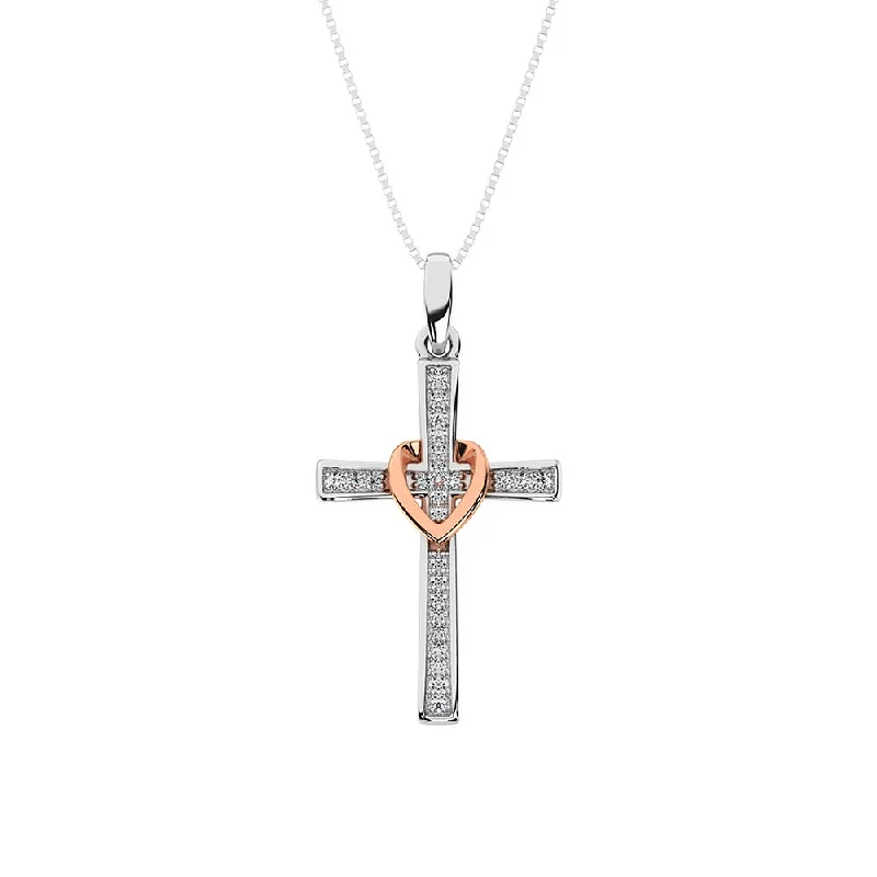 Women’s engraved bar necklace-10K White Gold 1/10 Ct.Tw. Diamond Cross Pendant with Rose Gold Heart