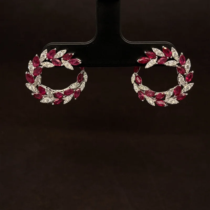 Women’s statement dangling earrings-Ruby & Diamond Marquise Wreath Cluster Earrings in 18k White Gold - #502 - ERRUB042572