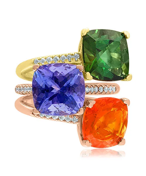 Women’s princess-cut diamond engagement ring-Green Tourmaline, Tanzanite, and Fire Opal Stackable Rings with Diamonds 317-JSA