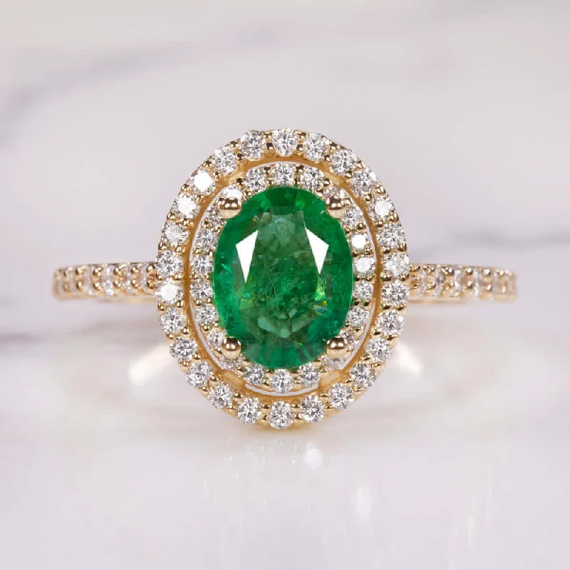 Women’s unique engagement ring-1.5ct EMERALD DIAMOND COCKTAIL RING DOUBLE HALO YELLOW GOLD NATURAL OVAL GREEN