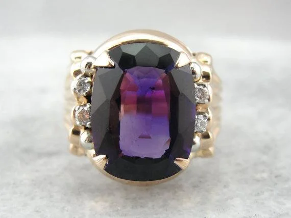 Women’s solitaire engagement ring-Amethyst Retro Era Rose Gold and Diamond Cocktail Ring