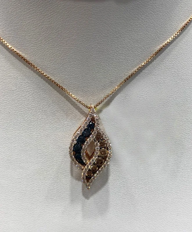 Women’s delicate gold necklace-14k Rose Gold Brown, Blue & White Diamond Pendant