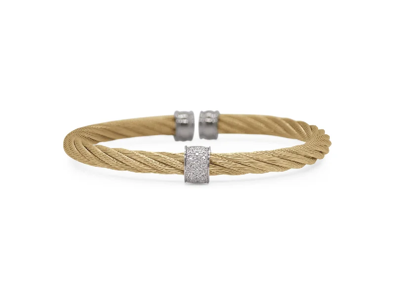 Women’s luxury engagement ring-ALOR Yellow Cable 5mm Single Barrel Cuff with 18kt Gold & Diamonds