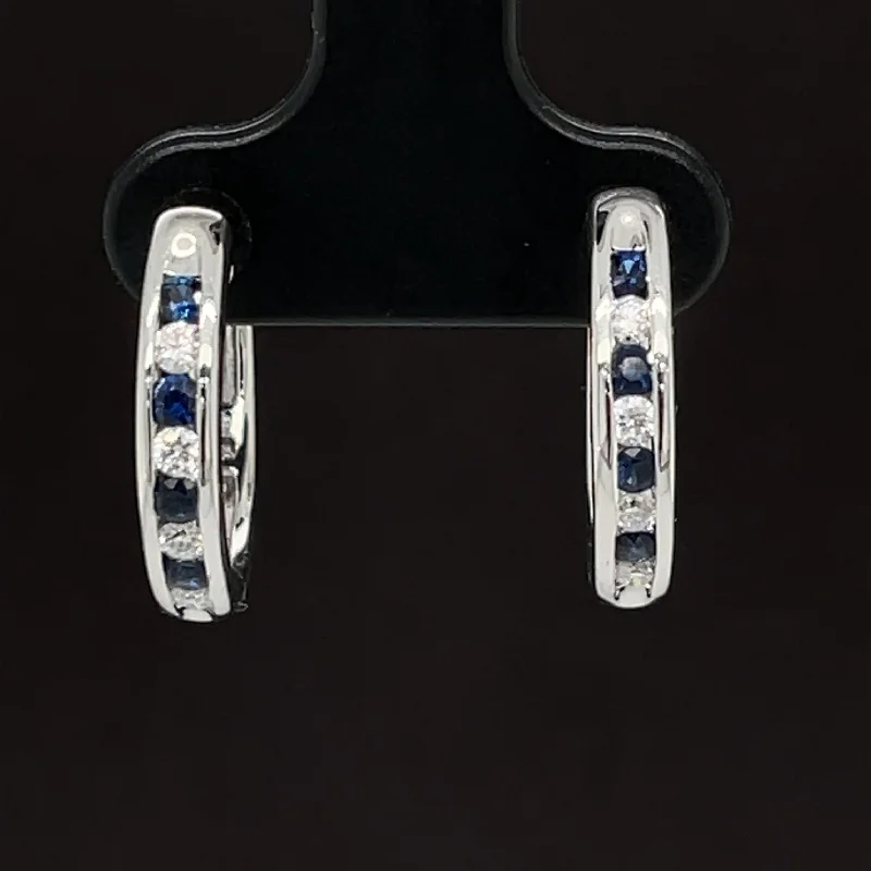 Women’s long drop earrings-Blue Sapphire & Diamond 0.60ctw Channel Hoop Earrings in 18k White Gold - #328 - ERSAP0920000