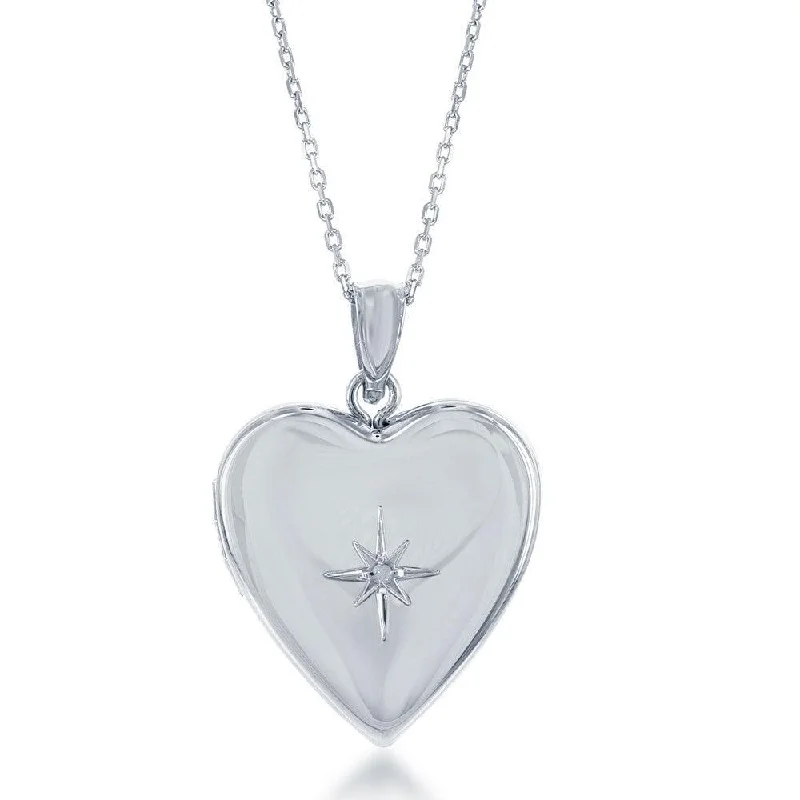 Women’s contemporary engagement ring-Sterling Silver Shiny Heart Diamond Accent Locket