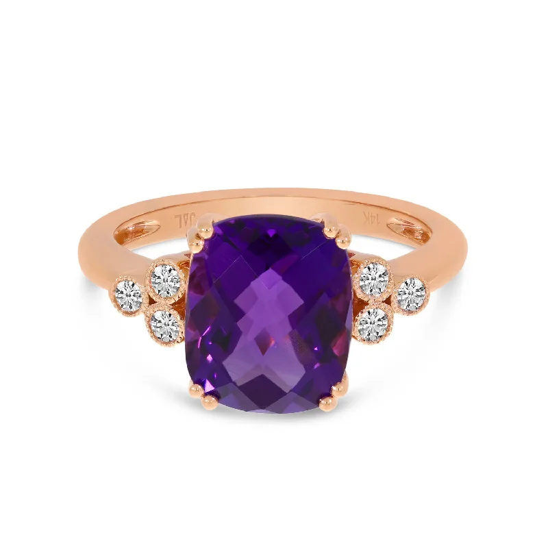 Women’s pear-shaped engagement ring-CUSHION AMETHYST & DIAMOND MILLGRAIN RING RM3980P