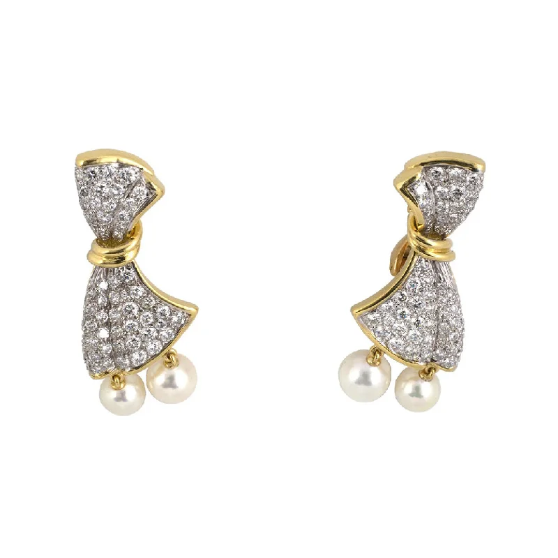 Women’s hoop earrings-Diamond & Pearl Bow Drop Earrings