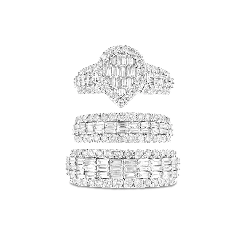 Women’s platinum engagement ring-His and Hers Baguette & Round Diamond Trio Ring Set