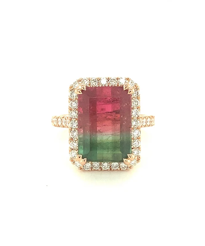 Women’s solitaire engagement ring-Watermelon Tourmaline Emerald Cut Ring with Diamonds 72-JSA