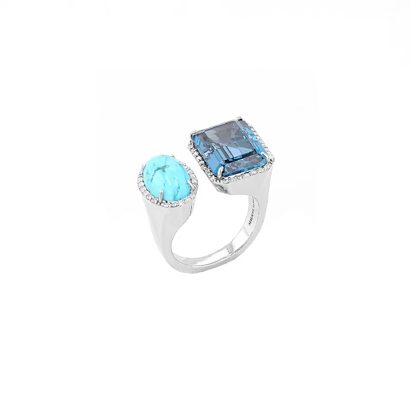 Women’s platinum solitaire engagement ring-Diamond Halo Two Stone Silver Ring - Turquoise & London Blue Topaz  R0499