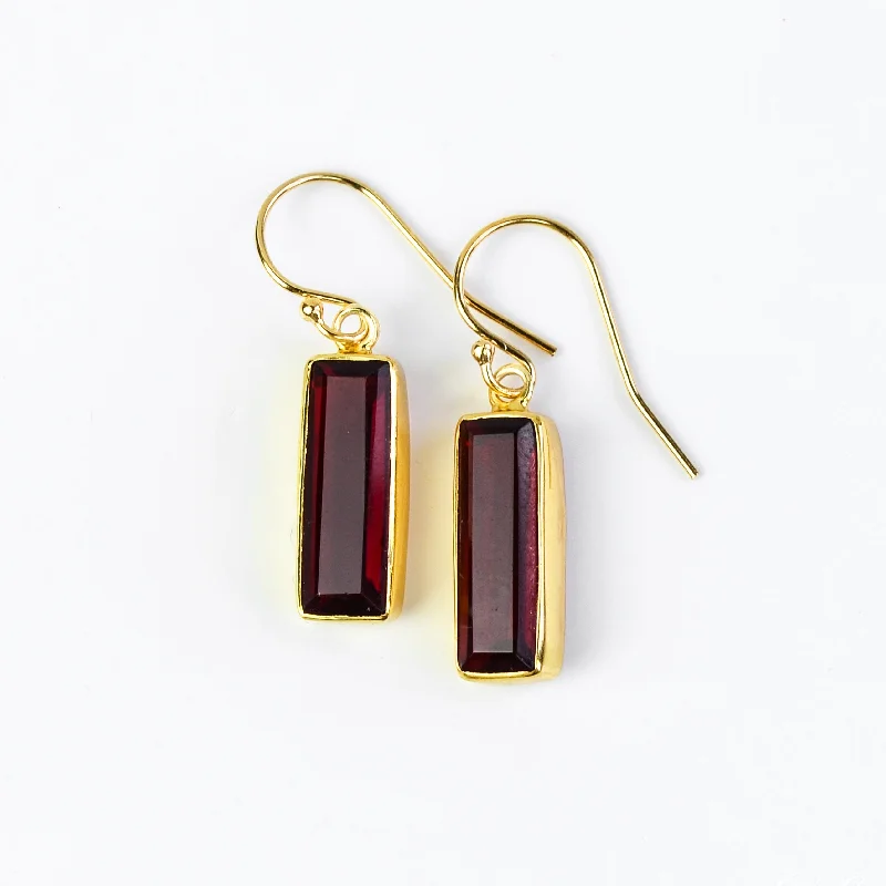 Women’s diamond earrings-Garnet Bar Earrings : January Birthstone : Adira Series