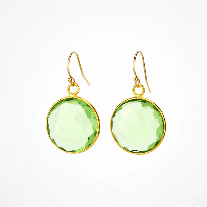 Women’s luxe earrings-Green Amethyst large round Vermeil Gold or Sterling Silver bezel set Earrings - February Birthstone