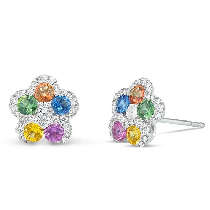 Women’s diamond cluster engagement ring-18K White Gold 3.29ct Rainbow Diamond Flower Studs