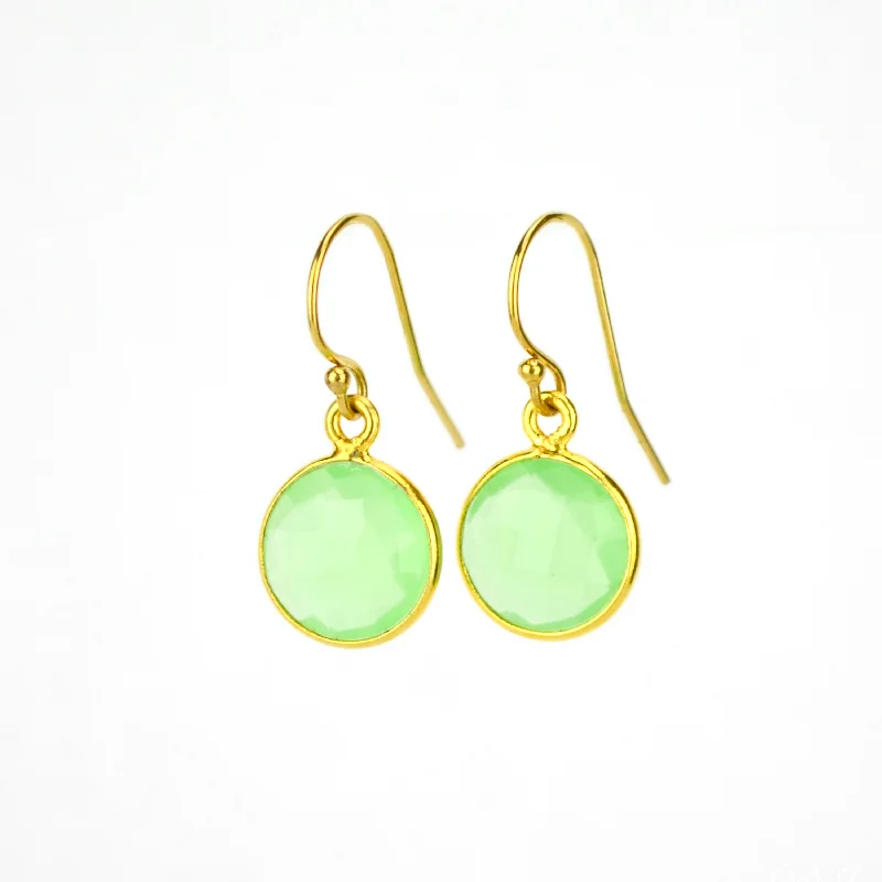 Women’s fine gold earrings-Green Chalcedony bezel set Earrings  - August Birthstone