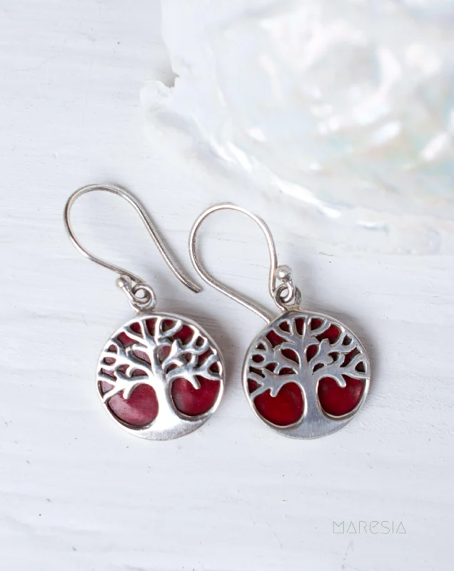 Women’s hoop earrings-Tree of Life Coral Earrings ~ Sterling Silver 925 ~ SME069