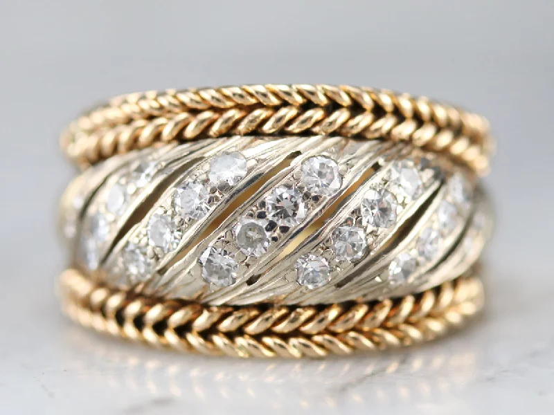 Women’s emerald-cut engagement ring-Diamond Braided Two Tone Gold Statement Band