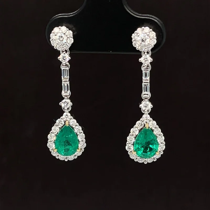 Women’s heart-shaped earrings-Emerald & Diamond Pear Halo Linear Dangle Earrings in 18k White Gold - #584 - EREME027724