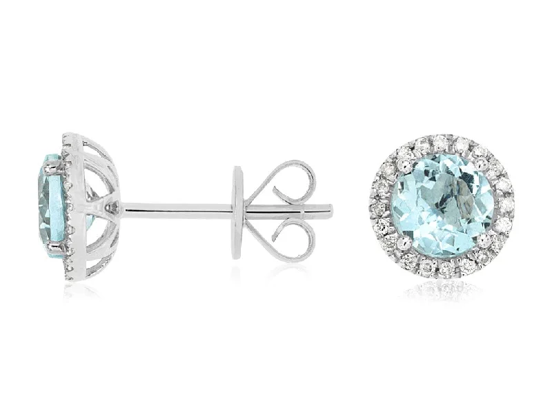 Women’s floral stud earrings-14K White Gold Aquamarine & Diamond Stud Earrings