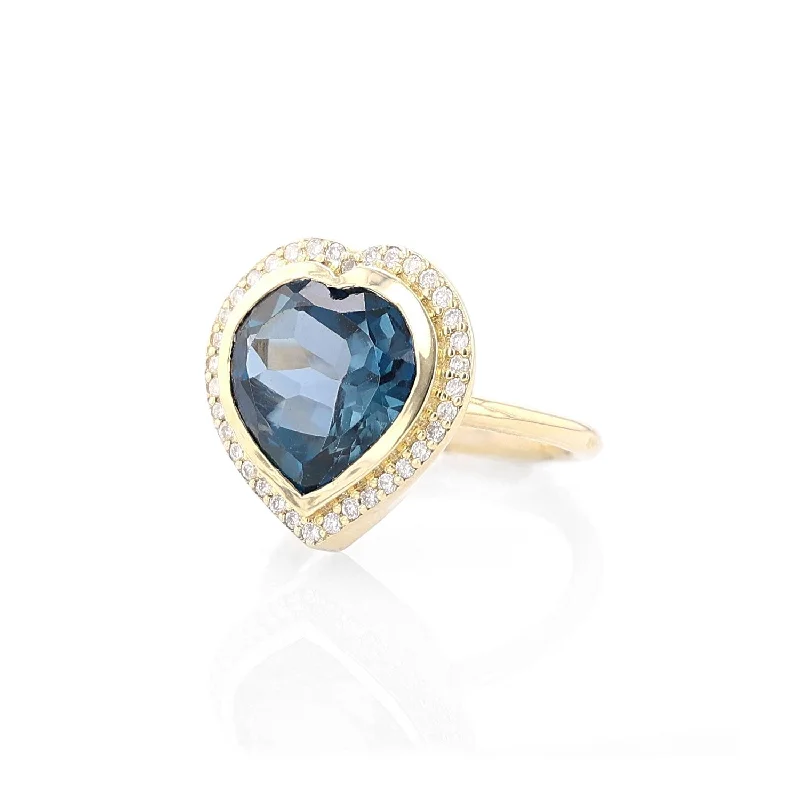 Women’s eco-friendly engagement ring-London Blue Topaz Bezel Set 14K Gold and Diamond Heart Ring  RG110-8