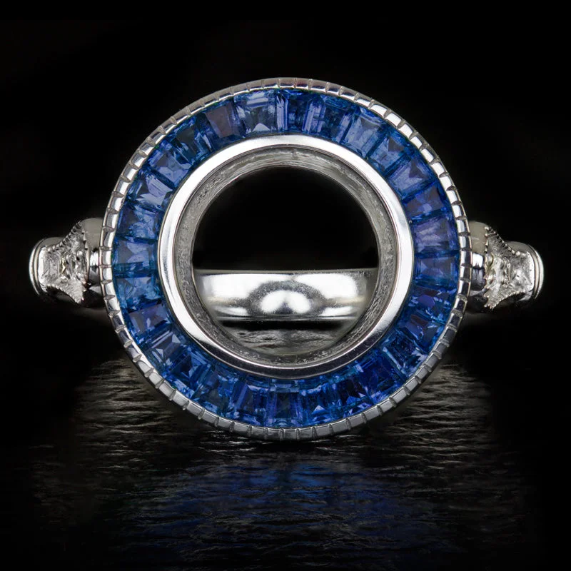 Women’s radiant cut engagement ring-VINTAGE STYLE SAPPHIRE ROUND DIAMOND BEZEL SETTING SEMI-MOUNT RING ART DECO HALO