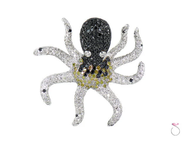 Women’s large pendant necklace-Black White Yellow Diamond Octopus Pendant in 18K Gold