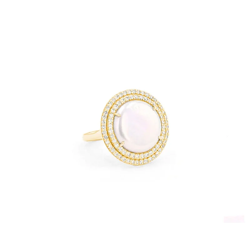 Women’s gemstone engagement ring-14k Coin Pearl Ring with Double Diamond Halo RG090-8