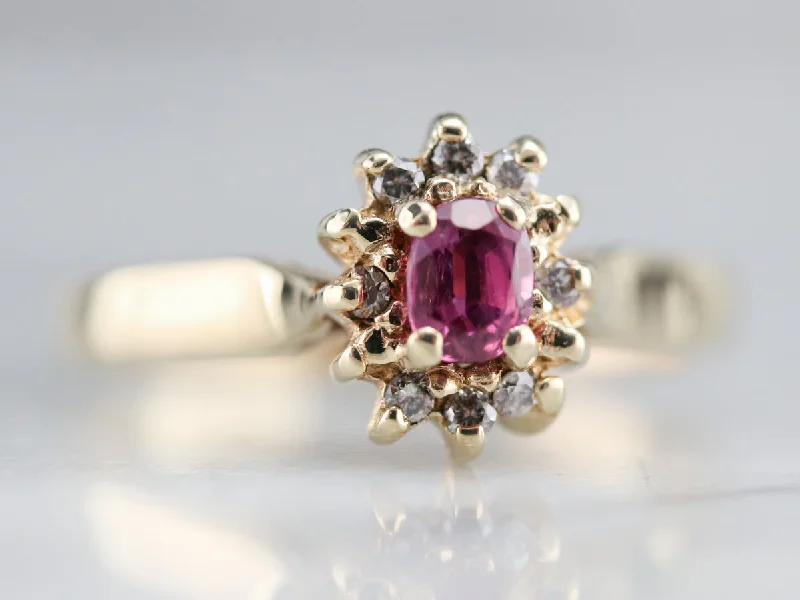 Women’s vintage diamond engagement ring-Ruby and Diamond Halo Ring