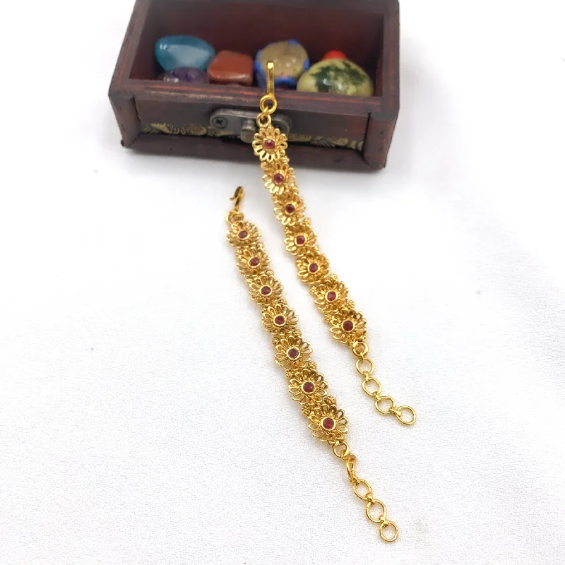 Women’s diamond chain necklace-Beautiful Floral work Antique Gold Ear Chain with Red stones