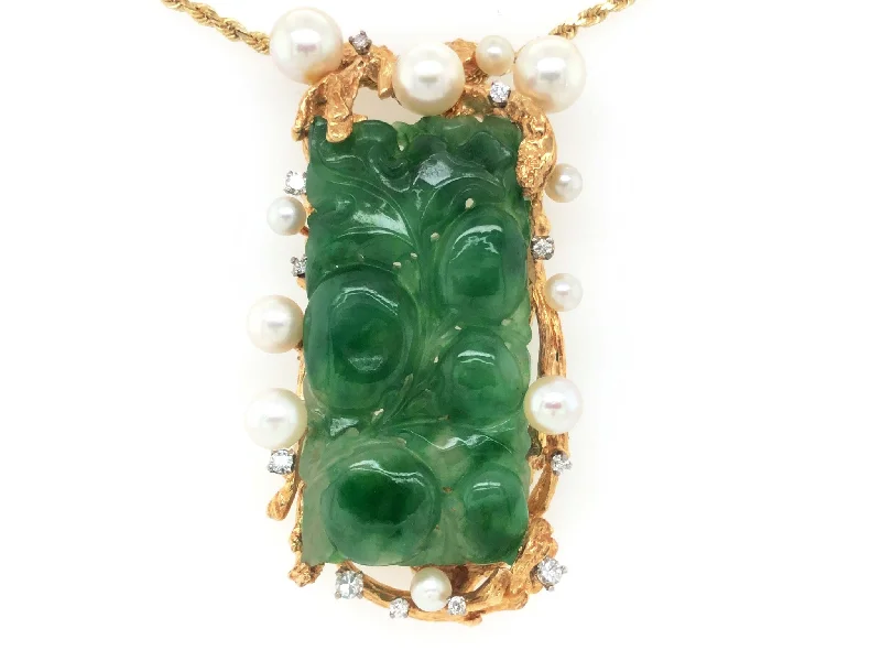 Women’s twisted necklace-Vintage Carved Green Jadeite Jade, Diamond and Pearl Pendant in 14k Yellow Gold